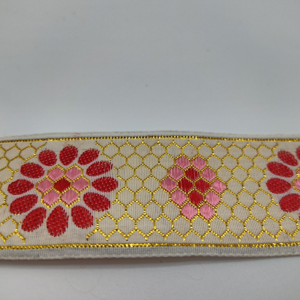 Metallic Jacquard Floral Ribbon Ivory Gold Pink Red Two (2) Yards 1.5” - Picture 3 of 5